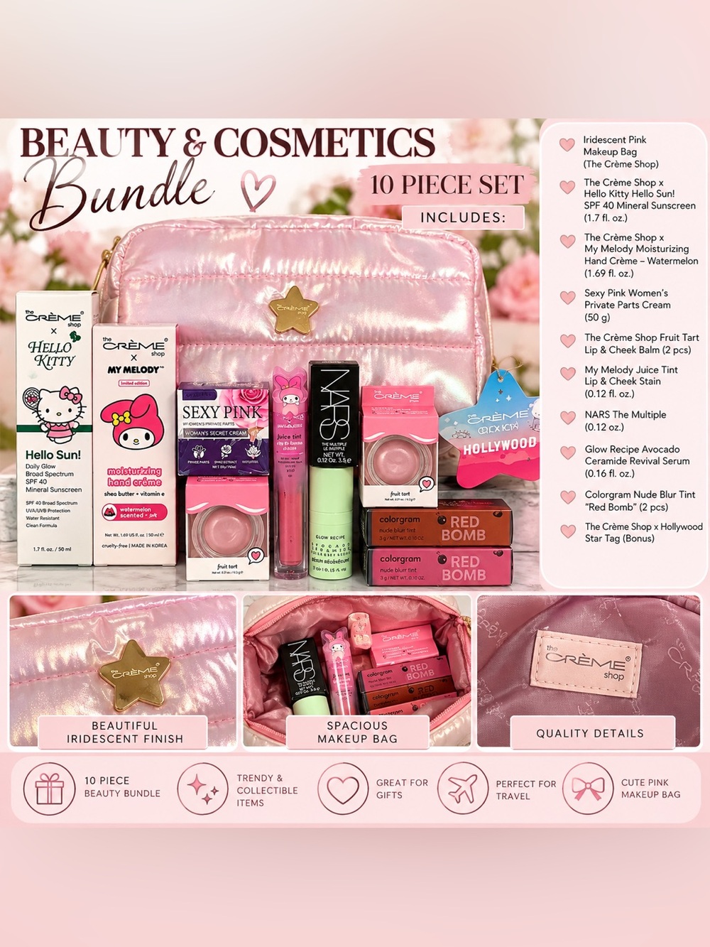 💕 Beauty & Cosmetics 10-Piece Bundle + Iridescent Makeup Bag